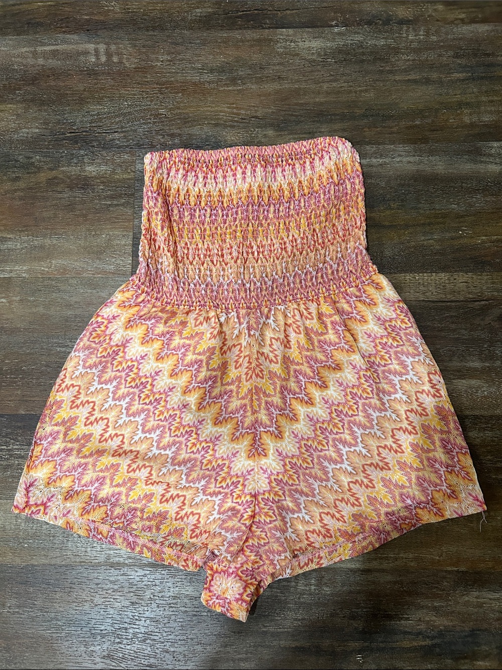 Smocked Strapless Romper in Pink, Orange & Yellow